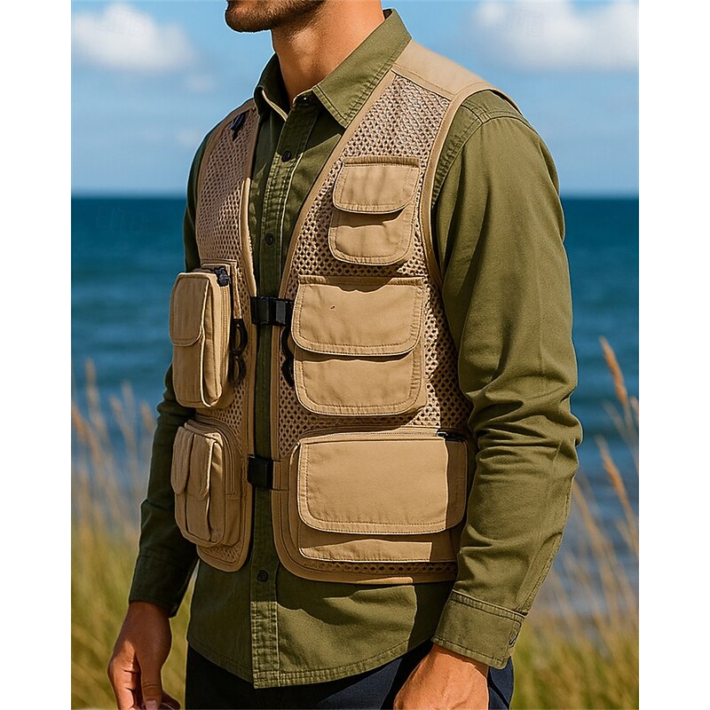 Men's Fishing Vest Hiking Vest Sleeveless Vest Outdoor Lightweight Breathable Zipper Multiple Pockets Polyester Black Army Green Red Hunting Fishing Climbing3