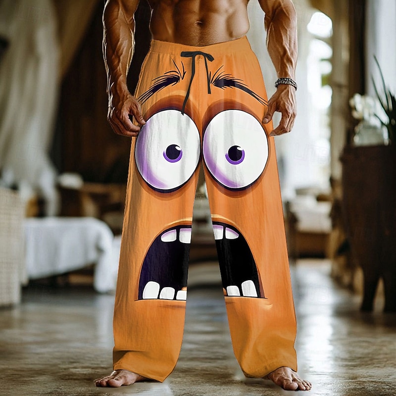 Men's 3D Cartoon Smile Face Trousers Baggy Pants Casual Pants Mid Waist Funny Outdoor Vacation Home Elastic Drawstring Waist Linen-Like Pants with Pockets Spring Fall 3D Print Yellow Sky Blue Orange