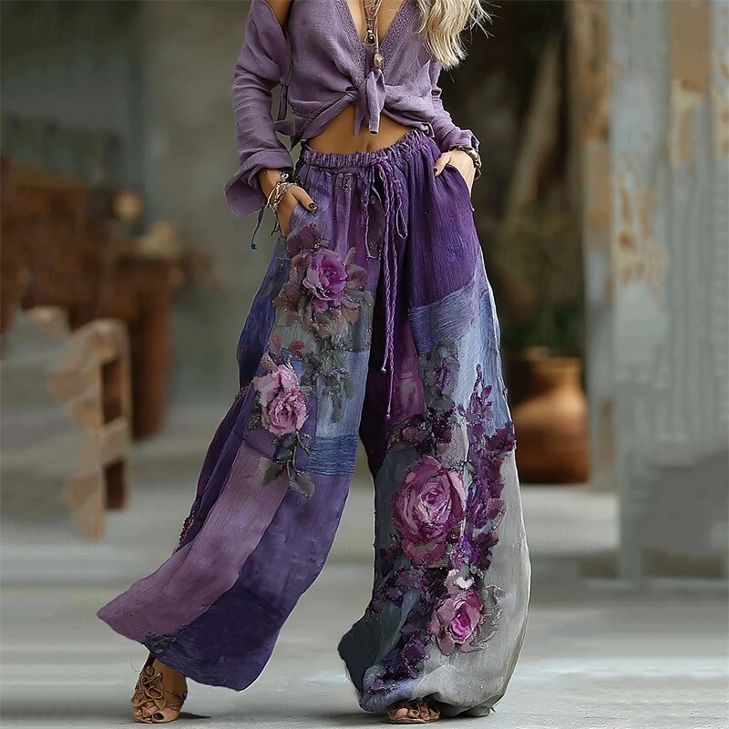 Women's Wide Leg Pants Trousers Palazzo Pants Fashion Boho Full Length High Waist Flower Elastic Waist Drawstring Print Breathability Comfortable Street Daily Wear Going out Purple Spring Fall