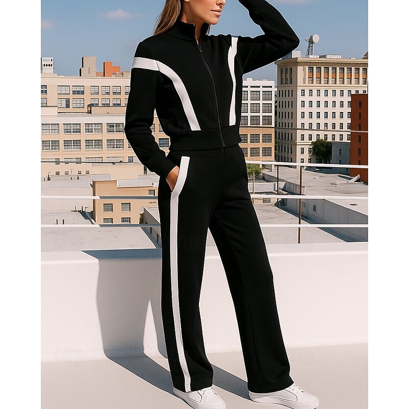 Women's Sweatpants Zip Up Tracksuit Sportswear with Pocket Stripes Clothing Suit Fall Black White Outdoor Travel Sports High Waist Fashion Long Sleeve Sport Activewear Micro-elastic Regular Fit3