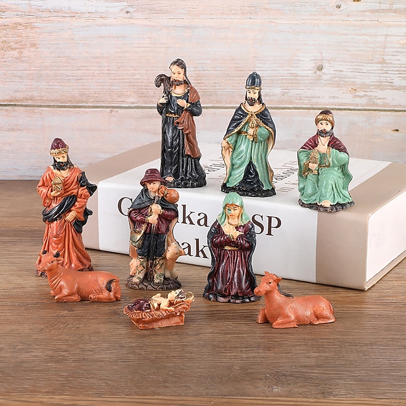9pcs Christmas Nativity Scene Figurines Set, Resin Holy Family Mary, Joseph, Baby Jesus, Religious Christmas Decor, Nativity Manger Figurines