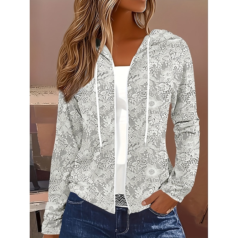 Women's Hoodie Jacket Comfortable Zipper Vintage Sports Fashion Floral School Vacation Home Casual Short Hooded Regular Fit Long Sleeve Outerwear White Red Blue Spring Fall
