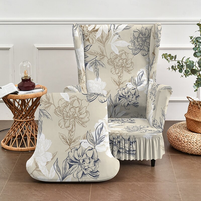 Wingback Chair Cover Floral Striped Geometric Print Polyester Slipcover | Stretchable Furniture Protector for Living Room, Dining, Office