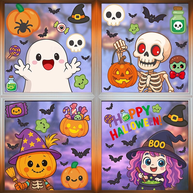 5 Sheets Halloween Window Cling Wall Sticker Decals Decorations, Cartoon Pumpkins, Skulls, Ghosts, Spider Webs & Bats, Static Cling, Halloween Party Home Decor2