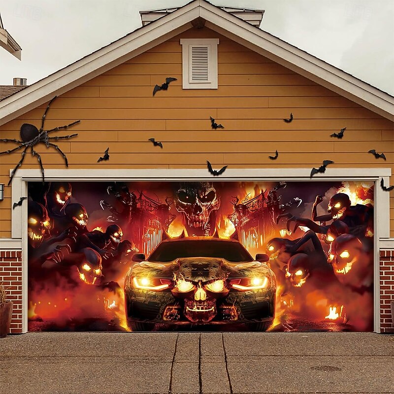 Halloween Garage Door Cover Large Hanging Backdrop Flame Car Dark Punk Gothic Style Party Outdoor Shooting Backgrounds Yard Haunted House Home Decor