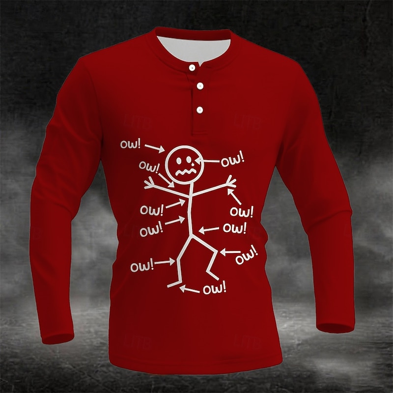 Men's Long Sleeve Henley Shirt Funny Ow! Stick Figure Graphic Tee - Aches & Pains Lifestyle Humor