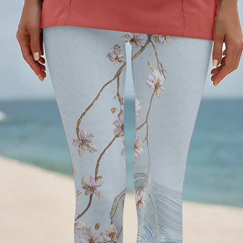 Women's Pants Trousers Leggings Cozy Leggings Streetwear Casual Full Length High Waist Floral Elastic Waist Print Breathability Comfortable Stretchy Vacation Street Daily Wear Light Blue Summer2
