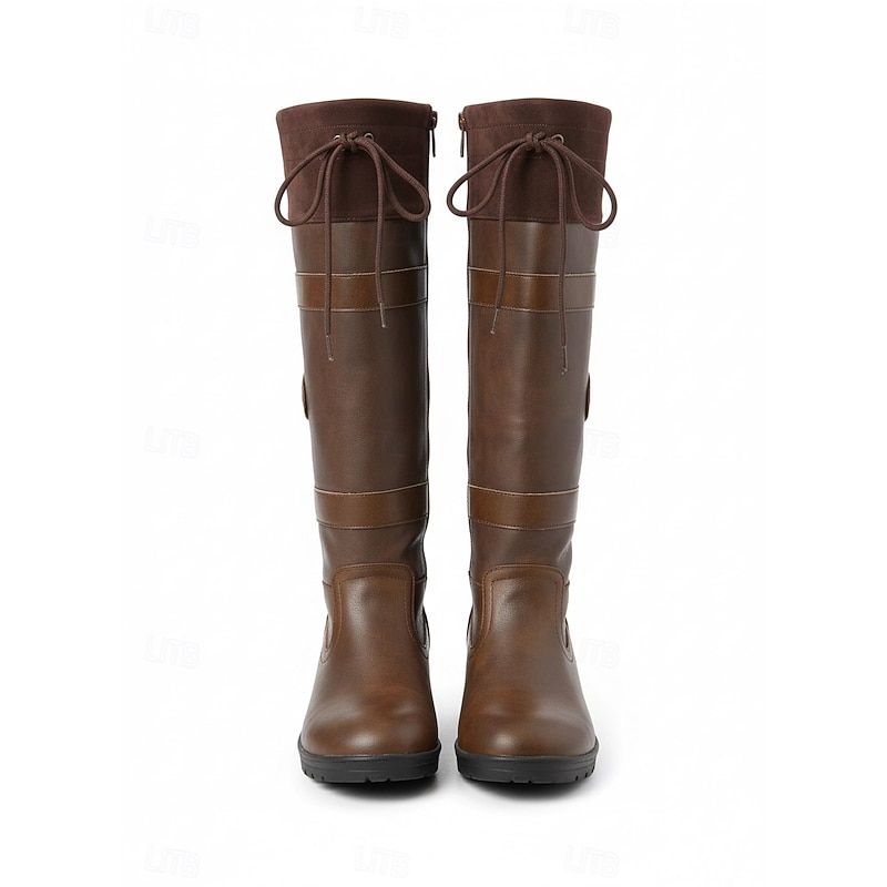 Women's Brown Faux Leather Riding Boots with Adjustable Drawstring - Tall Outdoor Equestrian Boots for Winter and Casual Wear2