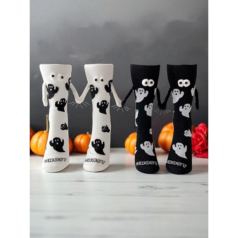 Women's Halloween Ghost Socks with 3D Eyes and Cartoon Style, Fun Cozy Crew Socks for Parties and Casual Wear3D3