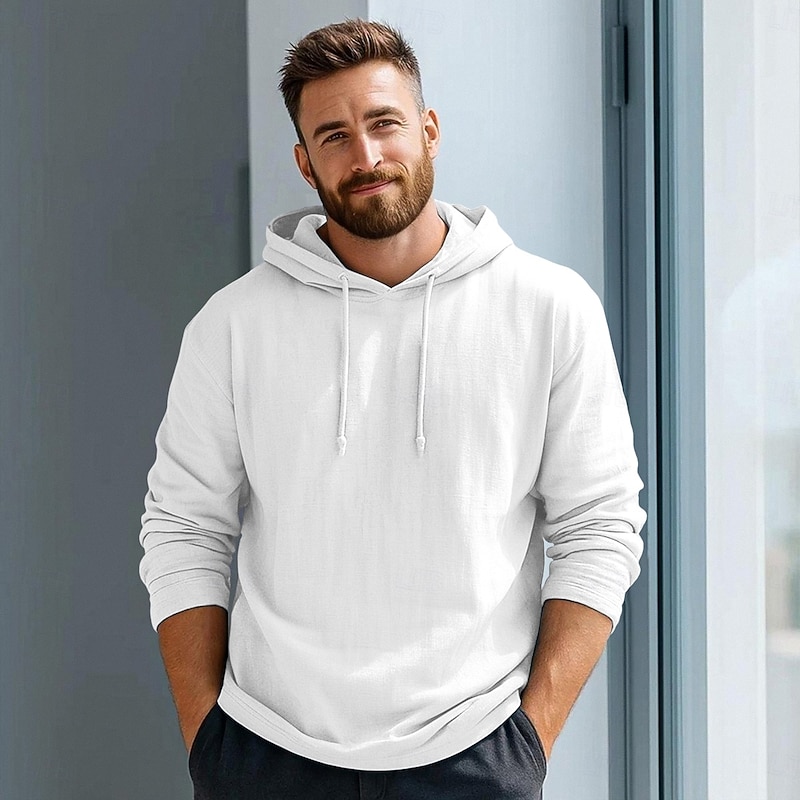Men's Hoodie Linen T-Shirt Long Sleeve Hooded Summer Spring Solid Color Plain Vintage Bohemian Casual Raw Edge Vacation Street Casual White Pink Burgundy Top Tee for Men4