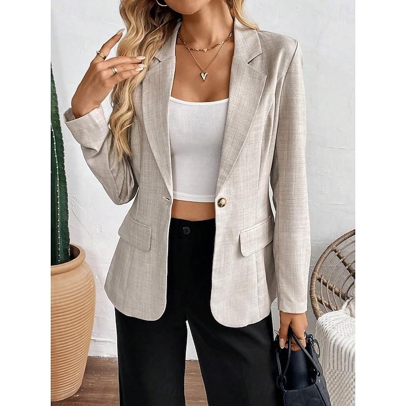 Women's Blazer Comfortable Breathable Pocket Fashion Daily Plain Outdoor Casual Daily Single Breasted Regular Lapel Regular Fit Long Sleeve Outerwear Khaki Spring Fall4