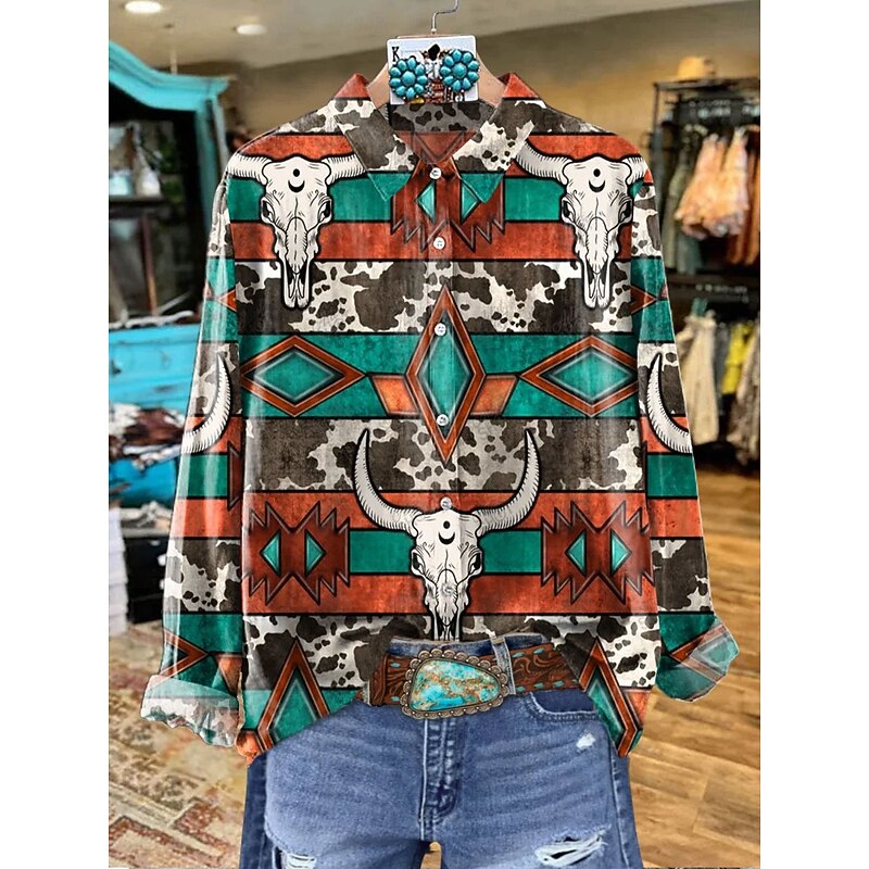 Women's Shirt Graphic Geometric Elegant Bohemia Daily Long Sleeve Shirt Collar Regular Tops Work Daily Buttons Print Yellow Red Blue Brown Green Spring Fall Winter4