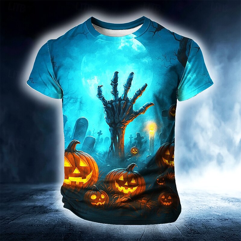 Halloween Men's 3D Hand T Shirt Short Sleeve T shirt 3D Print Crew Neck Shirt Exaggerated Designer Horror Party Street Holiday Blue Summer Spring All Seasons Clothing Apparel S M L XL XXL XXXL