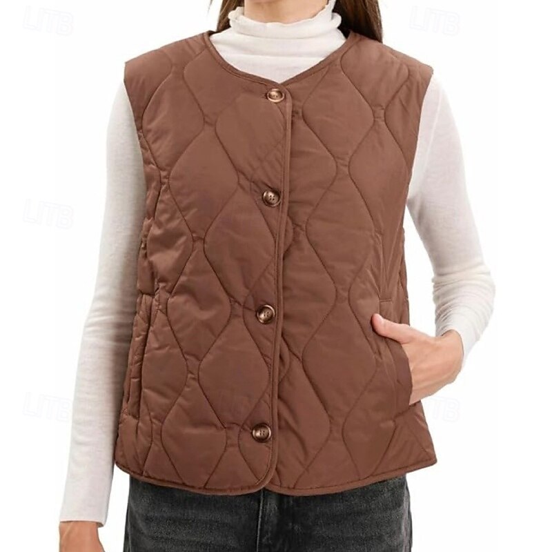 Women's Vest Warm Comfortable Pocket Buttons Casual Plain Going out Weekend Single Breasted Regular Crewneck Regular Fit Sleeveless Outerwear Black Red Green Fall Winter2