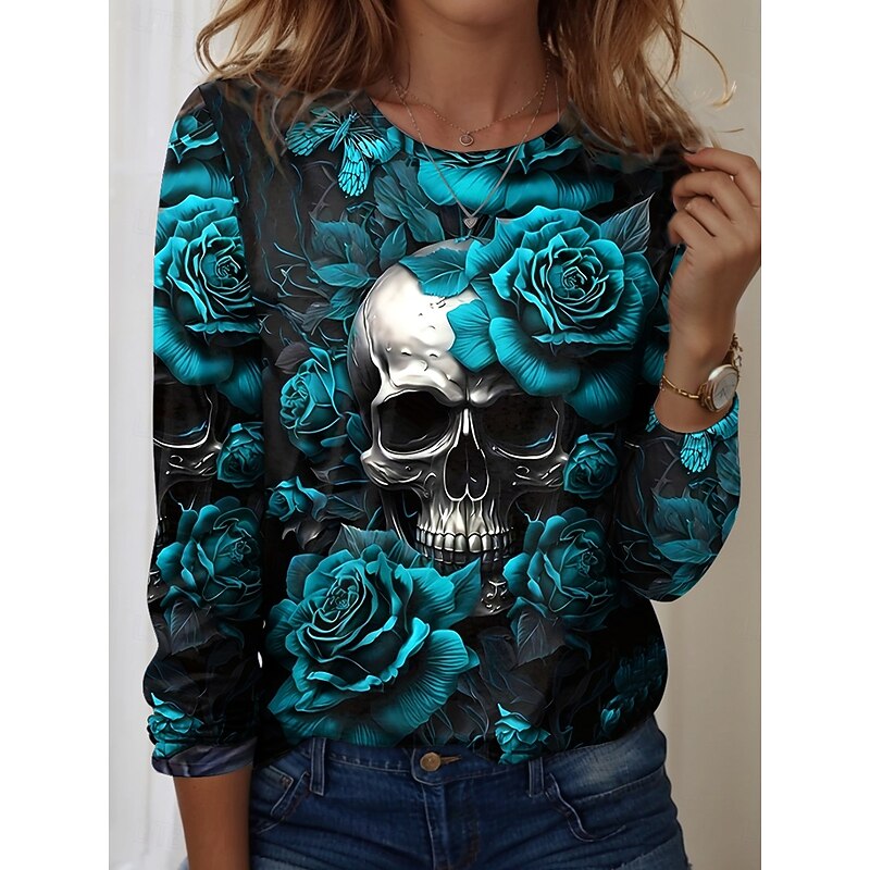Halloween Women's T Shirt Skulls Floral Graphic Vintage Fashion Casual Long Sleeve Crew Neck Regular Tops Daily Weekend Print Pink Red Blue Khaki Spring Fall2