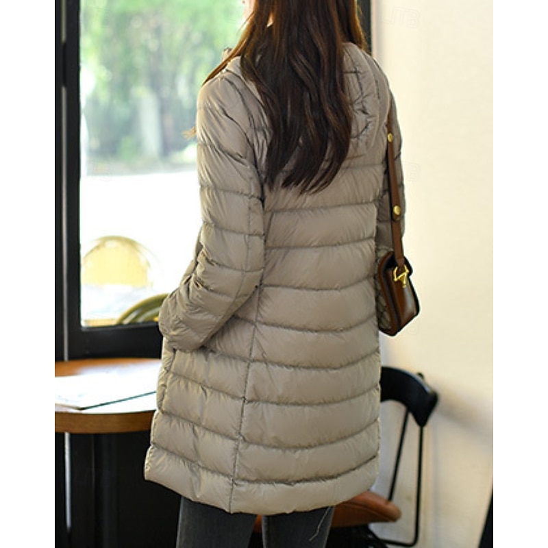 Women's Down Jacket Coat Warm Comfortable Zipper Pocket Fashion Plain Holiday Casual Daily Weekend Zipper Long Hooded Regular Fit Long Sleeve Outerwear Navy Wine Blue Fall Winter4