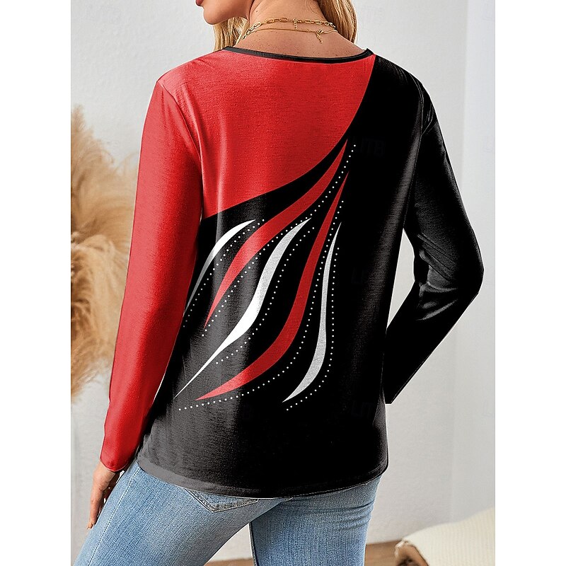 Women's T Shirt Graphic Geometric Vintage Stylish Classic Long Sleeve V Neck Regular Tops Daily Cut Out Print Red Blue Purple Green Gray Spring Fall2