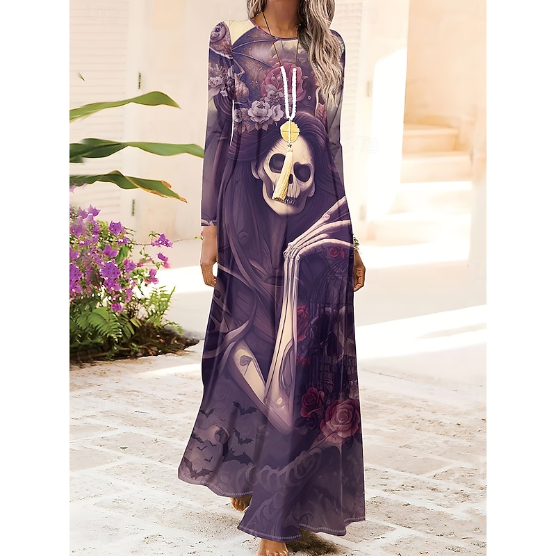 Halloween Women's Skulls Print Maxi Dress Shift Dress A Line Dress Casual Daily Regular Fit Graphic Bull Long Sleeve Crew Neck Black Purple Fall Winter4