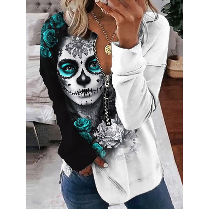 Halloween Women's Pullover Sweatshirt Zip Up Sweatshirts Skulls Graphic Fashion Casual Long Sleeve Crew Neck Regular Tops Street Dailywear Zipper Print Red Orange Green Spring Fall Winter3