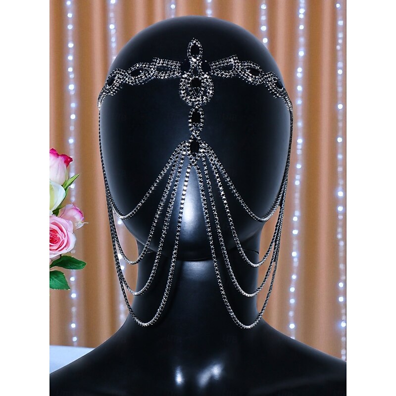 Women's Gothic Crystal Face Chain Headpiece - Black Rhinestone Mask Jewelry for Ladies, Mysterious Costume Accessory for Halloween Party, Masquerade and Nightclub Outfits2