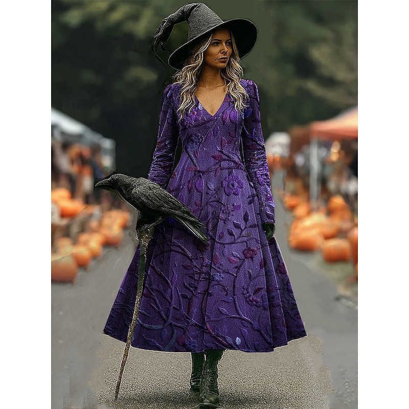 Halloween Women's Witch Print Maxi Dress A Line Dress Vacation Casual Boho Beach Regular Fit Floral Graphic Hocus Pocus Long Sleeve V Neck Purple Orange Spring Fall2