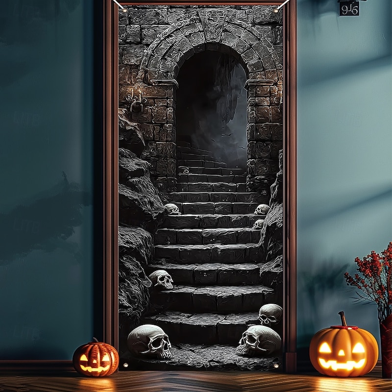 Halloween Door Cover Outdoor Banners Skeleton Stone Stairway 3D Dark Punk Gothic Style Party Outdoor Shooting Backgrounds Front Door Wall Porch Home Decor3