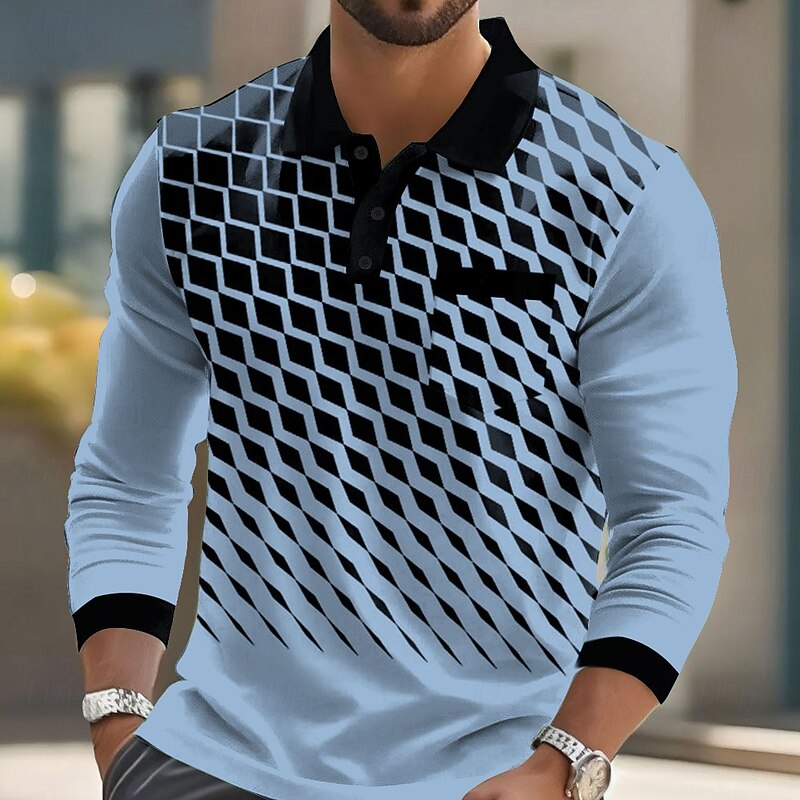 Men's Geometric Polo Long Sleeve Polo Shirts Lapel Business Casual Athleisure Daily Wear Pocket 3D Print Buttons Spring Fall White Blue Green2