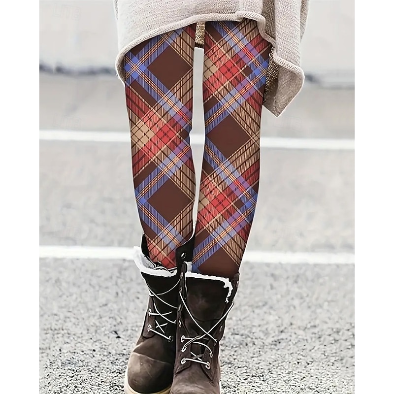Women's Pants Trousers Leggings Cozy Leggings Streetwear Casual Full Length High Waist Plaid Elastic Waist Print Breathability Comfortable Stretchy Vacation Street Daily Wear Brown Summer Spring Fall