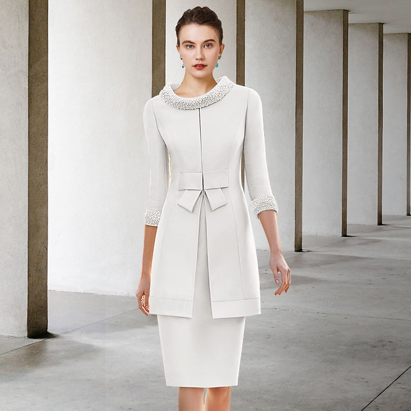 Two Piece Sheath Mother of the Bride Dress Wedding Guest Church Elegant Jewel Satin Cap Sleeve Jacket Dresses with Sash / Ribbon Bow(s) Beading Race Day Dress4