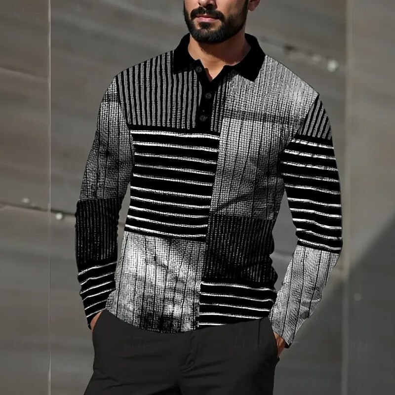 Men's Color Block Waffle Polo Shirts Long Sleeve Polo Shirts Collared Shirts Business Casual Business Wear to work Daily Wear Buttons Spring Fall Winter Black Yellow Red