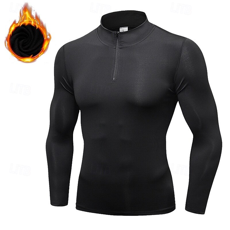 Men's Compression Shirt Fleece Base Layer Workout Tops Long Sleeve Top Athleisure Solid Colored Quick Dry Warm Gym Basketball Athletic Sportswear Activewear Black Blue Light Grey2