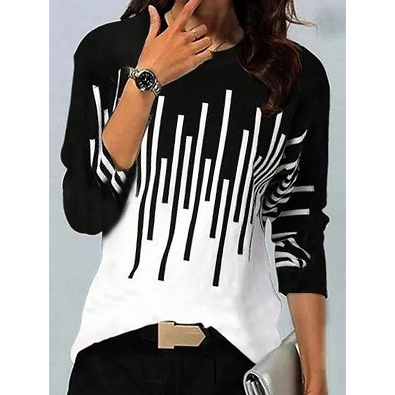 Women's T Shirt Graphic Geometric Vintage Stylish Casual Long Sleeve Crew Neck Regular Tops Daily Print White Yellow Blue Summer Spring Fall