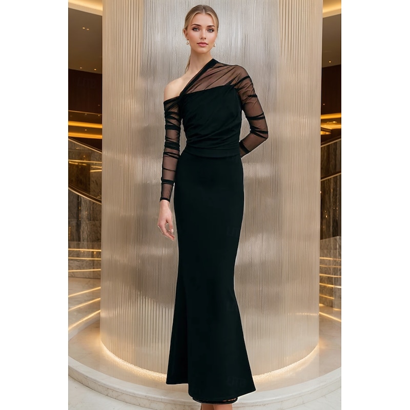 Black Mermaid / Trumpet Sheath / Column Evening Gown Elegant Dress Formal Wedding Floor Length Long Sleeve One Shoulder Tulle with Ruched 2025
