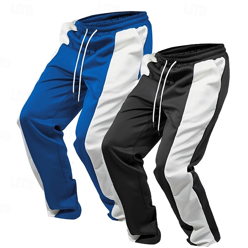 Multi Packs 2pcs Men's Gray+black Sweatpants Trousers Elastic Waist Drawstring Color Block Vacation Daily Wear Polyester Spring4