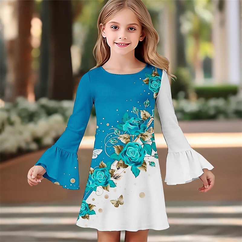 Girls' 3D Rose Dress Ruffle Dress Long Sleeve Summer Spring Vacation Daily Holiday Beautiful Sweet Kids 4-12 Years Casual Dress Knee-length Regular Fit