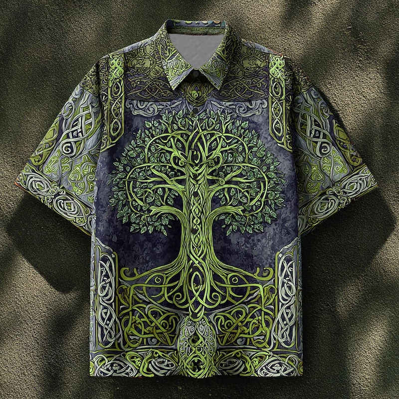 Men's Celtics Tree Of Life Shirt Summer Shirt Button Up Shirt Short Sleeve Vintage Retro Dailywear Holiday Summer Spring Turndown 3D Print Collared Shirts Front One Pocket Blue green Blue Brown Green4
