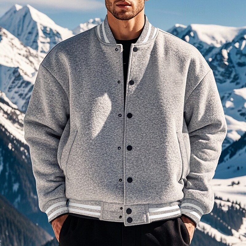 Men's Casual Jacket Varsity Jacket Vacation Daily Warm Pocket Fall Winter Stripe Fashion Classic Standing Collar Regular Black Red Navy Blue Royal Blue Light Grey Jacket4