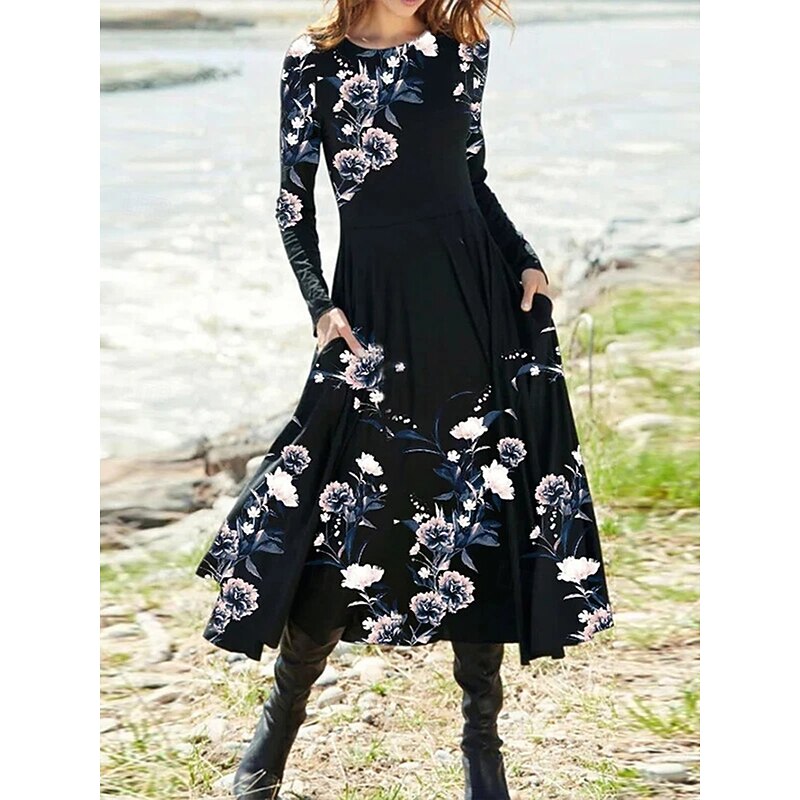 Women's Midi Dress A Line Dress Fit And Flare Dress Vacation Casual Boho Party Daily Going out Regular Fit Floral Graphic Long Sleeve Crew Neck White Red Beige Summer Spring Fall Winter