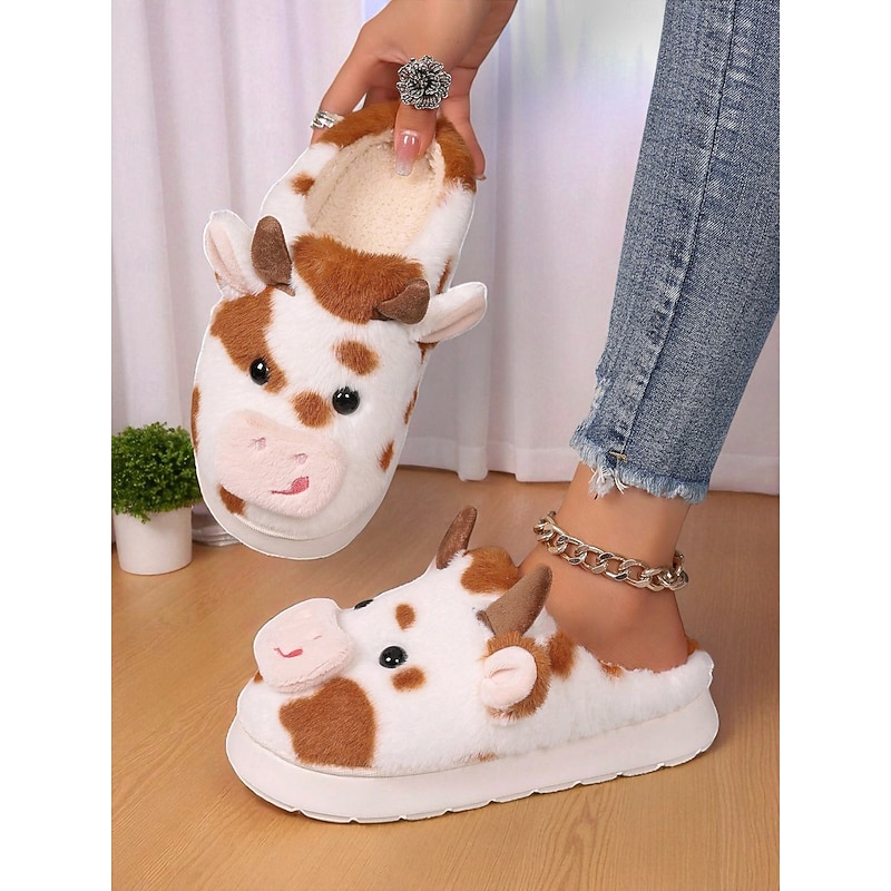 Women's Cute Plush Cow Slippers with 3D Animal Design and Soft Lining – Cozy Indoor Winter House Shoes for Home and Holiday Gifting2