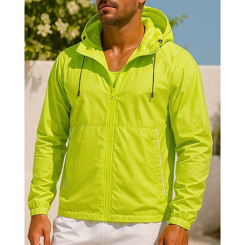 Men's Hooded Jacket Sport Jacket with Pockets Long Sleeve Top Athleisure Fall Solid Colored Sun Protection Lightweight Outdoor Travel Sports Sportswear Activewear Black White Light Green
