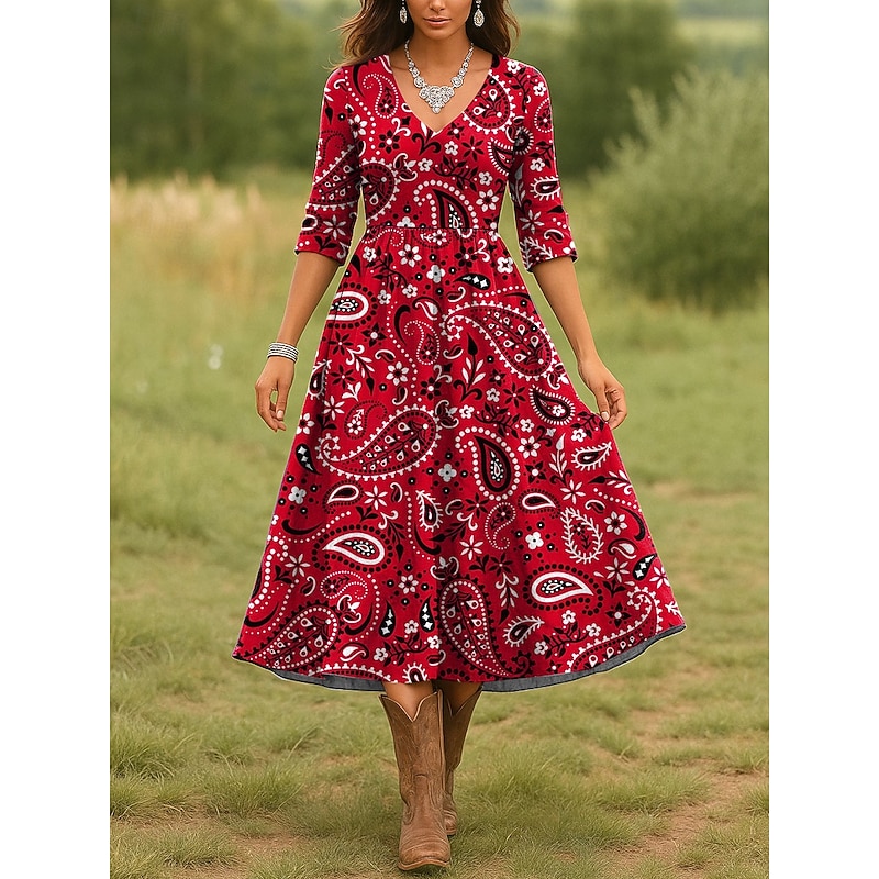 Women's Midi Dress Casual Dress A Line Dress Vacation Casual Regular Fit Graphic Paisley 3/4 Length Sleeve V Neck Red Blue Purple Green Spring Fall