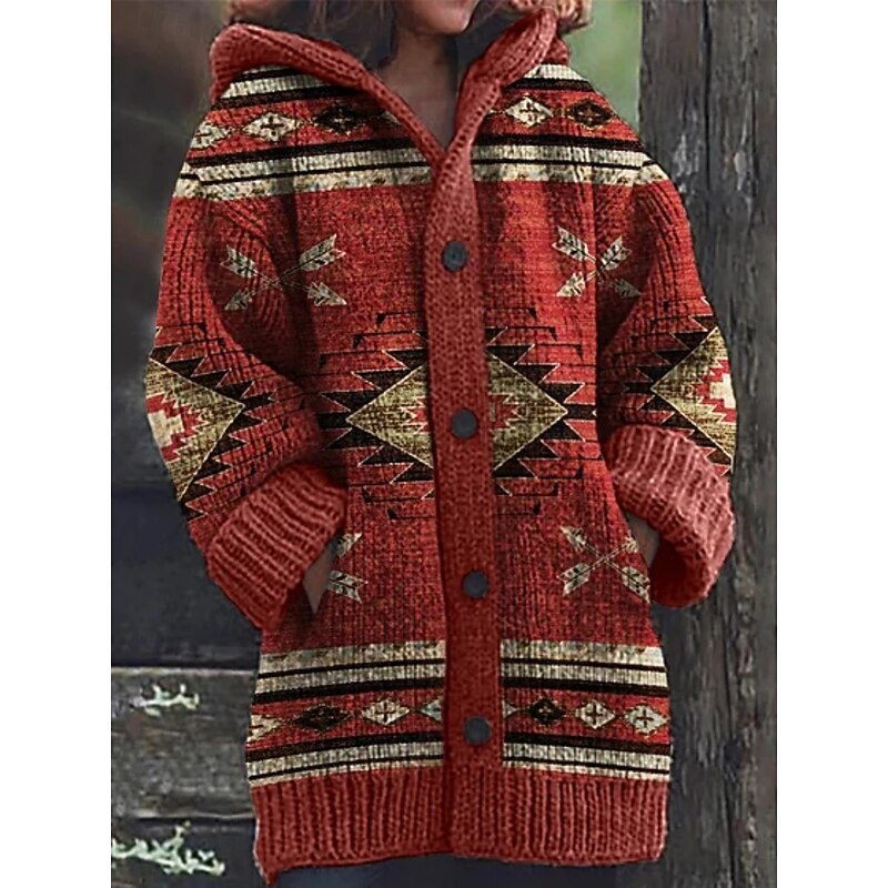 Women's Cardigan Vacation Vintage Daily Geometric Color Block Ribbed Hooded Knitted Print Front Pocket Long Sleeve Regular Tops Knit Outdoor Daily Holiday Yellow Red Fall Winter
