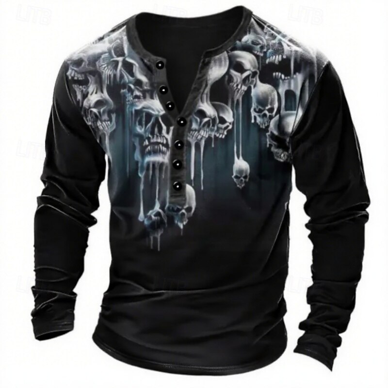 Men's Halloween Graphic Skull T Shirt Henley Shirt Tee Long Sleeve Vintage Designer Stylish Outdoor Halloween Casual Fall Winter Spring & Summer Black Blue Henley Henley T-Shirt