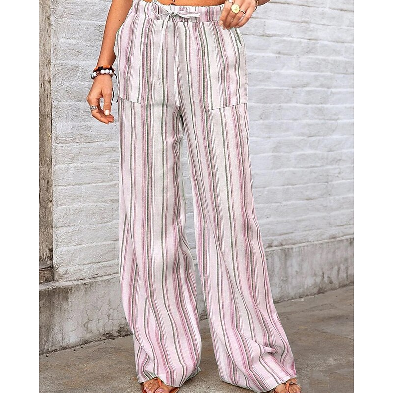 Women's Wide Leg Slacks Streetwear Casual Full Length Natural Striped Pocket Elastic Drawstring Design Comfortable Street Holiday Grey Pink Green Light Blue Fall Regular Fit3