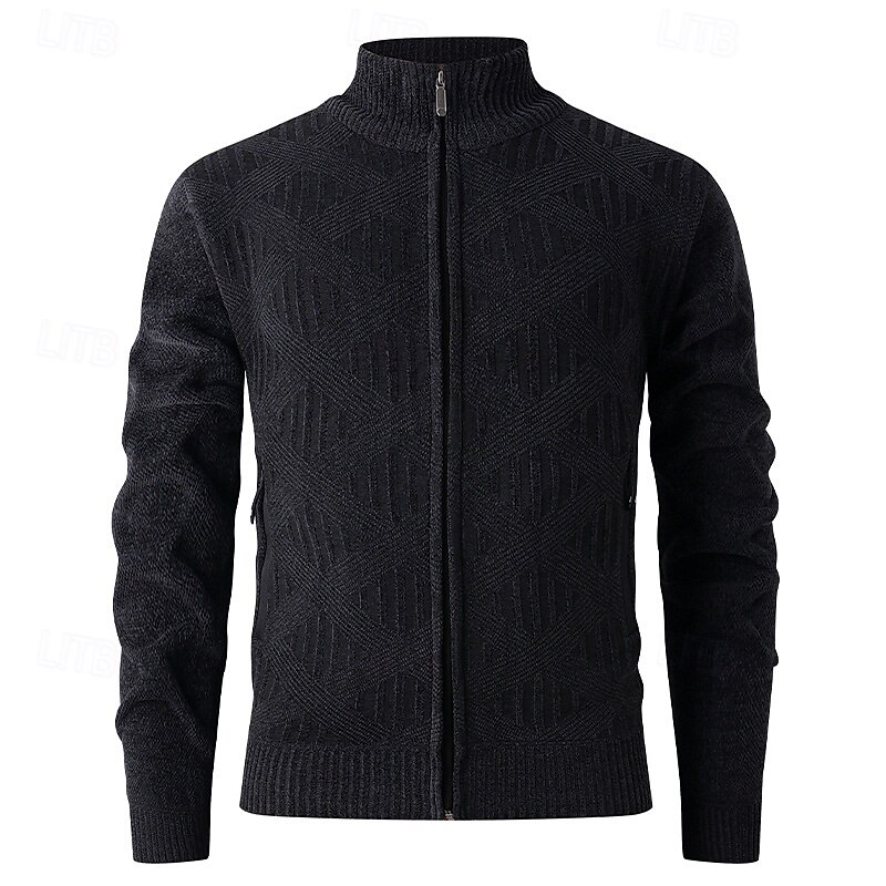Men's Sweater Dress Sweater Cardigan Sweater Zip Sweater Knit Sweater Ribbed Knit Regular Tops Knitted Ribbed Plain Stand Collar Fashion Shawls Business Casual Clothing Apparel Fall Winter Black Dark3