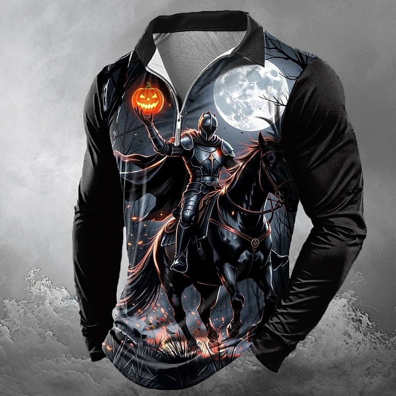 Halloween Men's Pumpkin Zip Polo Shirts Polo Shirts Lapel Casual Horror Dark Outdoor Festival Outfit 3D Print Spring Fall Winter Black Yellow Orange2