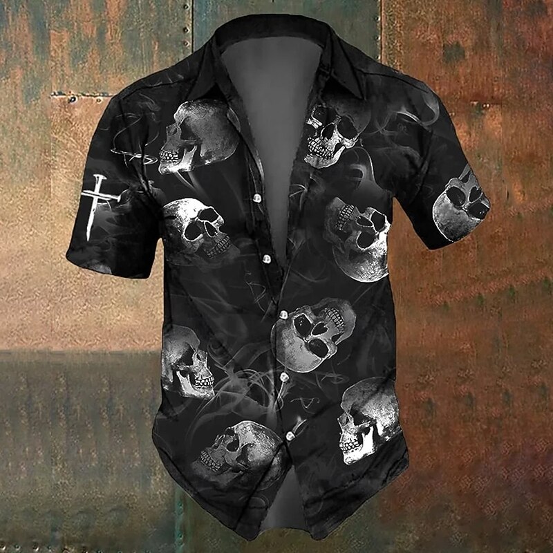 Halloween Men's Cross Halloween Costumes Skulls Shirt Button Up Shirt Short Sleeve Dark Gothic Style Holiday Summer Spring Turndown 3D Print Collared Shirts Black 1 Black2