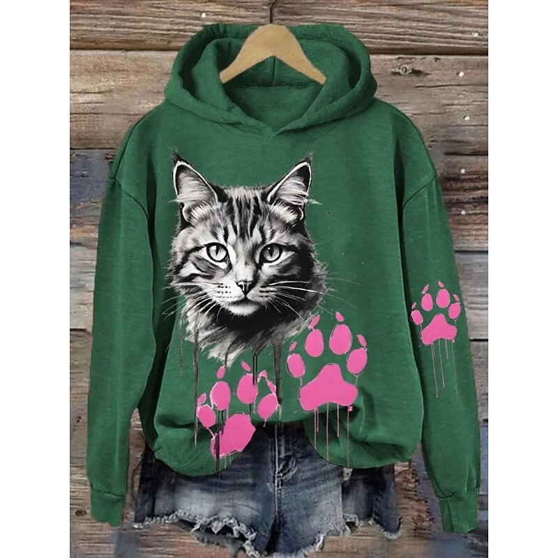 Women's Pullover Hoodie Sweatshirt Graphic Cat Elegant Warm Active Long Sleeve Hooded Regular Tops Street Dailywear Casual Print Black White Pink Blue Green Spring Fall Winter4