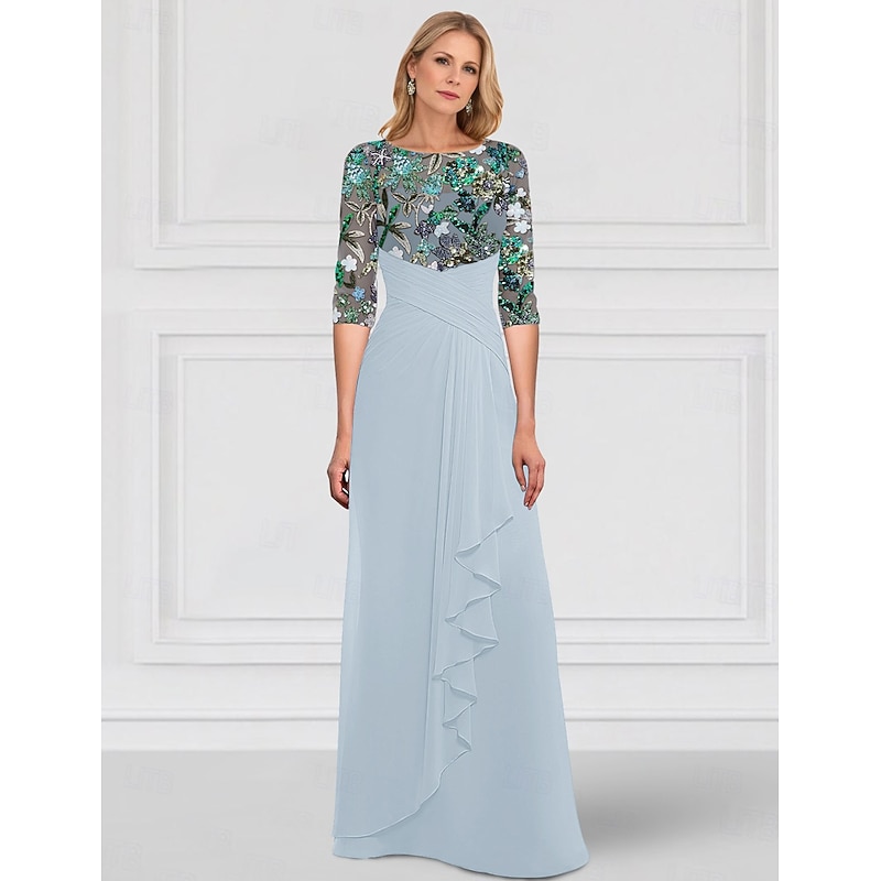 SkyBeaded Gown A-Line Mother of the Bride Dress Sparkle & Shine Boat Neck Floor Length Chiffon Lace Beaded Lace Half Sleeve with Ruffle Details and Covered Buttons