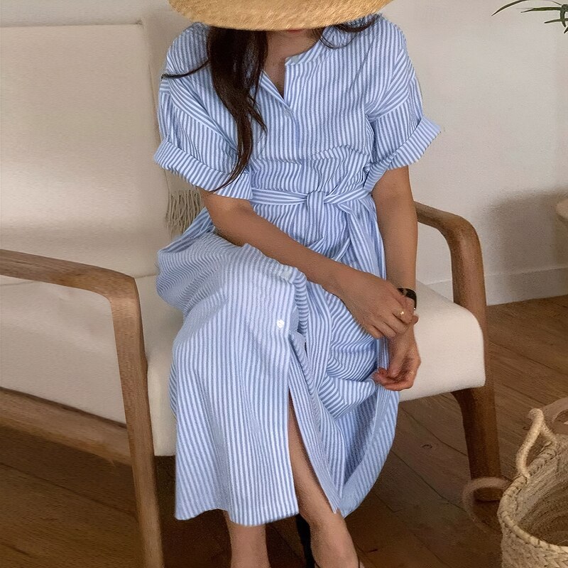 Women's Long Dress Maxi Dress Shirt Dress Fashion Daily Regular Fit Line Short Sleeve Crew Neck Blue Summer3